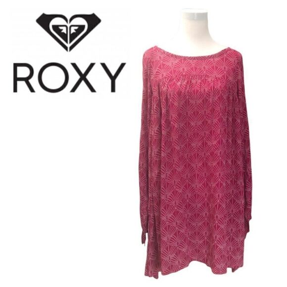 ROXY Dress - Pull-Over Shift Dress with Sleeve Accents -  Cranberry/White - Sz L - Picture 1 of 15